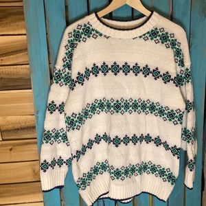 Vintage Nan Dorsey acrylic fair isle crewneck sweater size large white blue